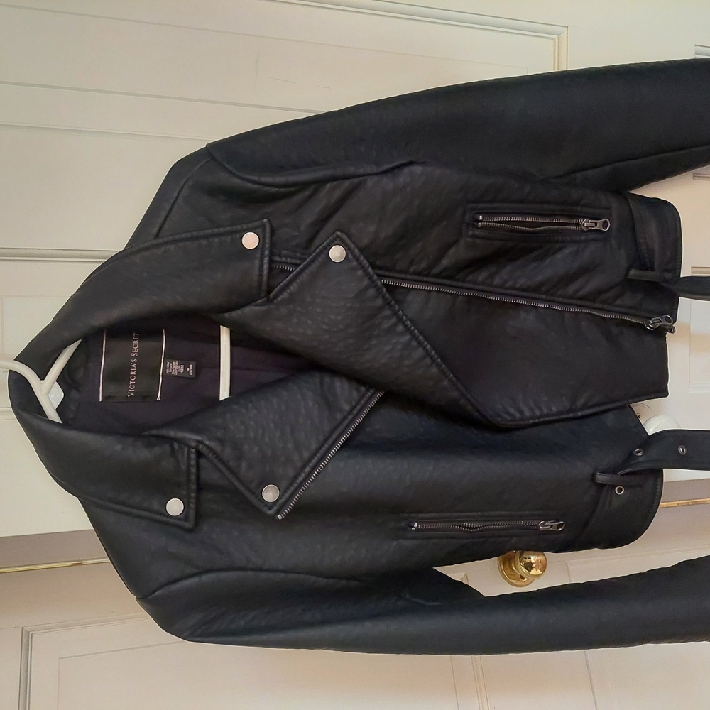 Victoria's Secret Black and Silver Leather Biker Jacket